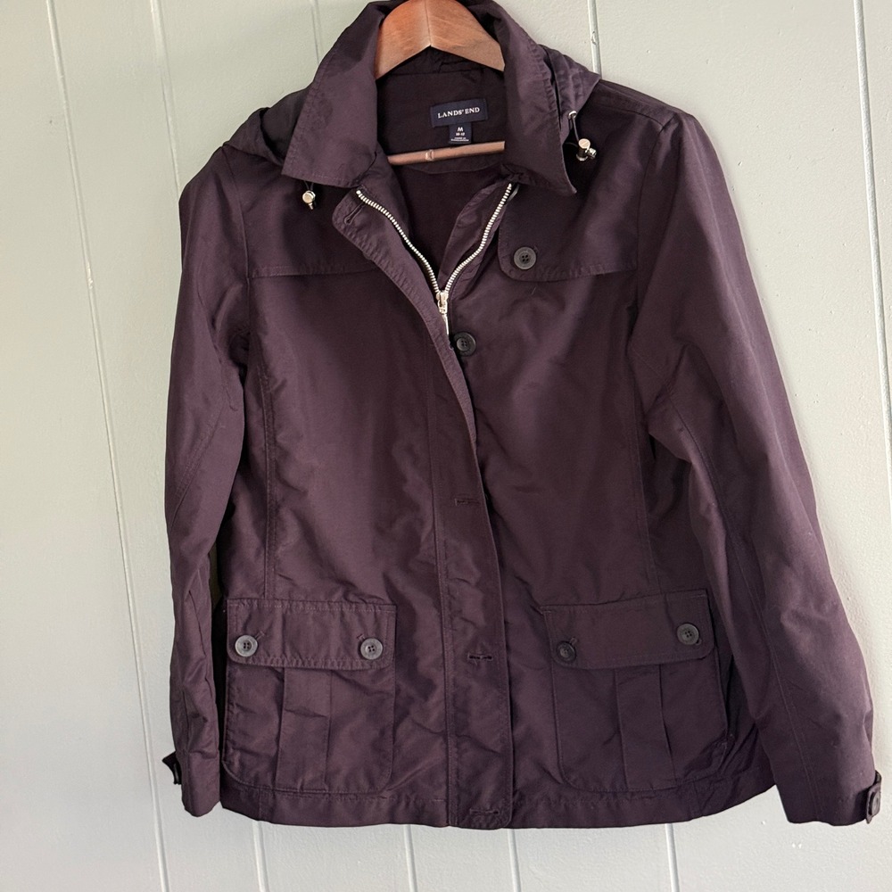 Lands End Hooded Nylon Rain Jacket M Navy Nautical Lightweight Windbreaker